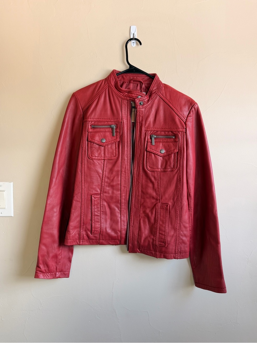 Michael Kors Red Faux Leather Moto Jacket